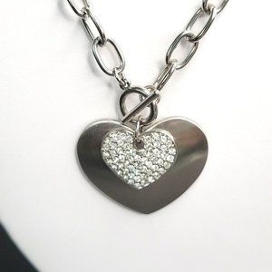 Silver Tone Chunky Cable Chain Double Heart Rhinestone Crystal Necklace